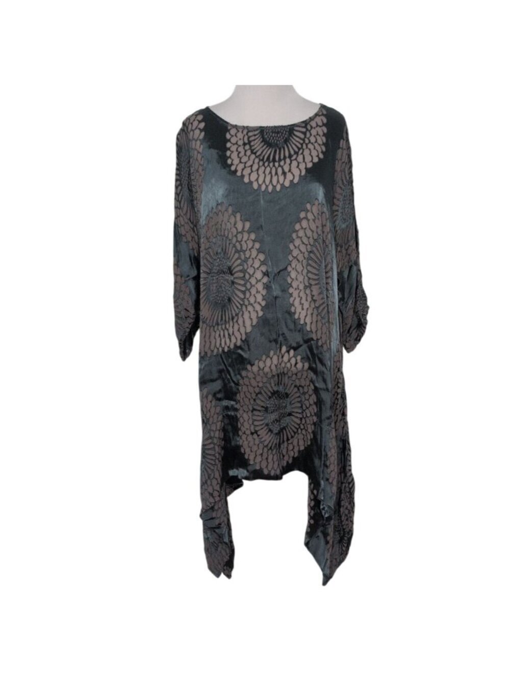 Grizas Floral Tunic Womens Size Large Green Sheer Rayon Silk Handkerchieft Hem S